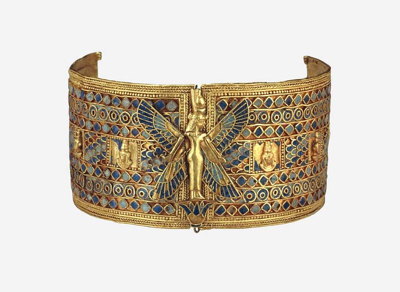 (Bracelet à fermoir provenant du trésor de la reine Amanishakheto, Décor géométrique en cloisonné ; or incrusté de verre, H. 4,6 cm ; Méroé, nécropole Nord,