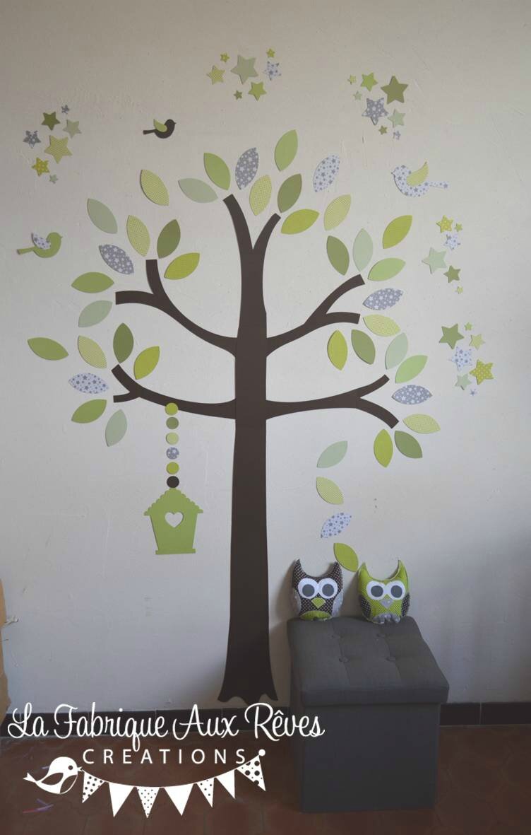 Stickers arbre vert anis amande kaki chocolat marron gris nichoir ...