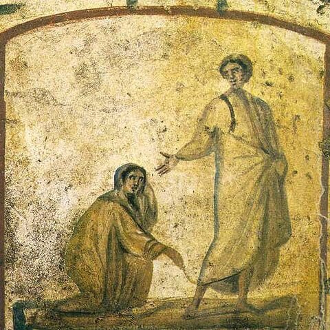 La femme touche Jésus, peinture des catacombes