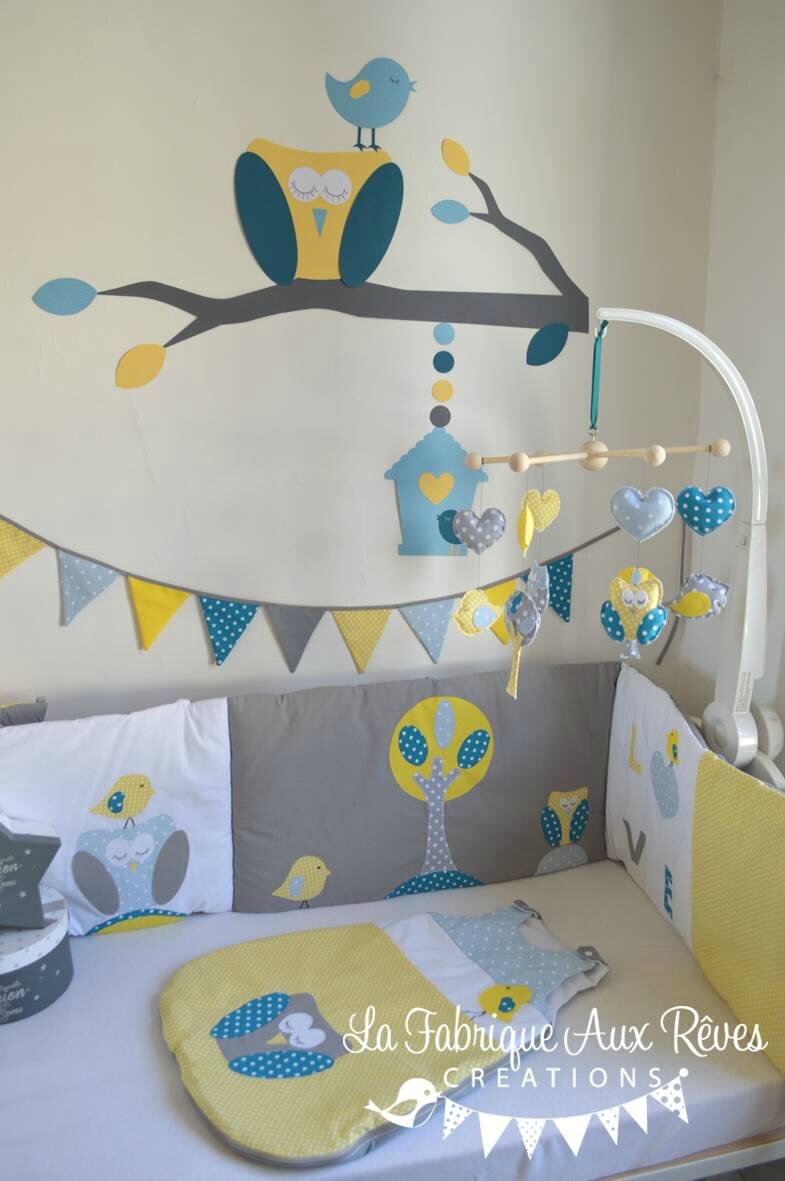 Décoration chambre bébé chouette hibou arbre oiseau nichoir bleu ...