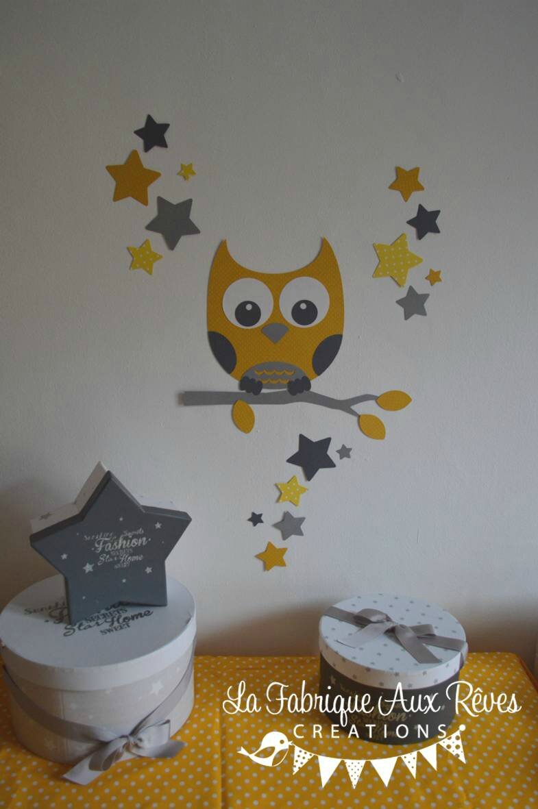 Stickers décoration chambre enfant bébé branche hibou étoiles ...