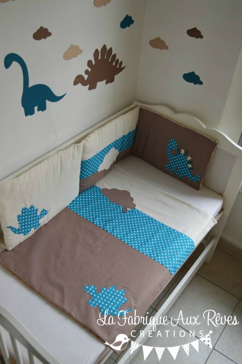 Linge lit bébé et décoration dinosaure bleu pétrole canard, beige ...