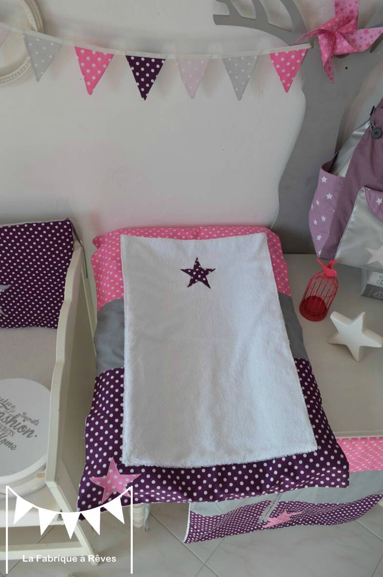 Housse matelas à langer bébé fille blanc violet rose vif gris pois ...