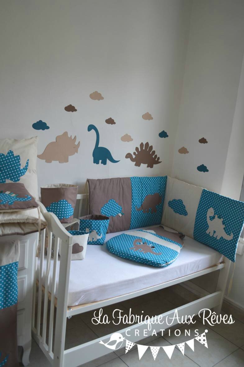 Linge lit bébé et décoration dinosaure bleu pétrole canard, beige ...