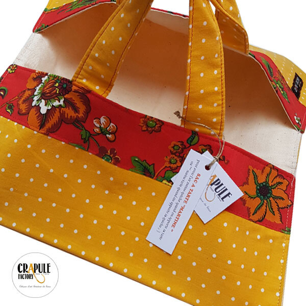 Sac à tarte / porte tarte rétro bohème jaune poussin pois et rouge fleurs vintage chic
Sac à tarte